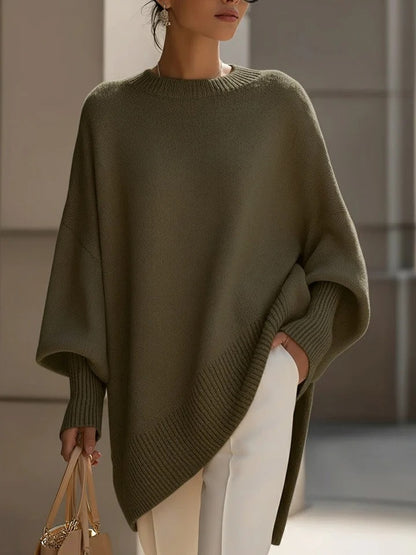 Premium Faux Cashmere Poncho Sweater - Slouchy Batwing Sleeve Crewneck Loose Pullover Plus Size