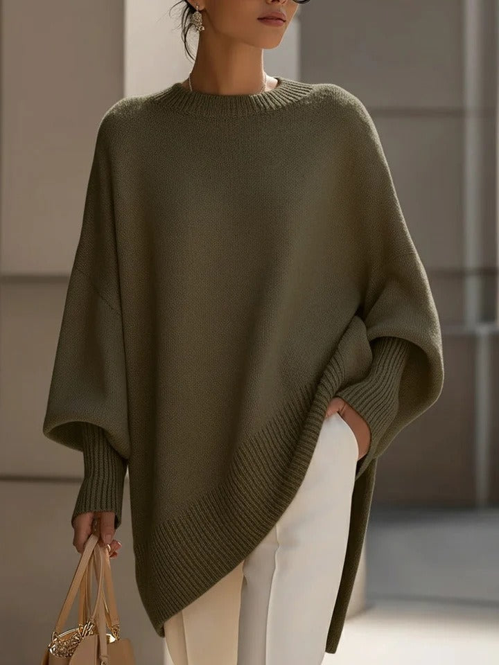 Premium Faux Cashmere Poncho Sweater - Slouchy Batwing Sleeve Crewneck Loose Pullover Plus Size