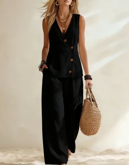 Women's Asymmetric Button Linen-Look Vest 2-Piece Set | Casual Sleeveless Top & Wide Leg Pants Suit