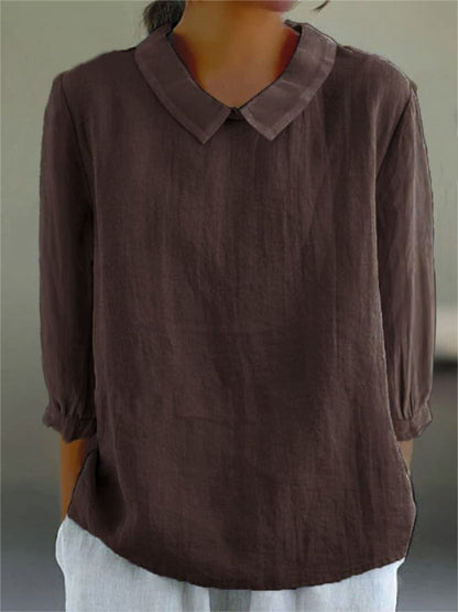 Chemise décontractée unie en coton et lin à manches 3/4 pour femme
