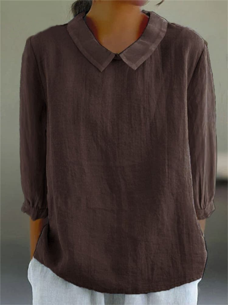 Chemise décontractée unie en coton et lin à manches 3/4 pour femme