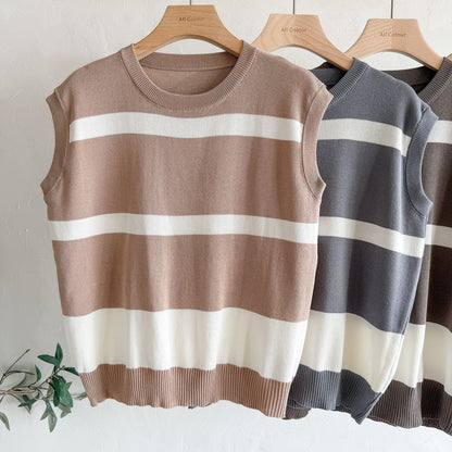 Mercerized Cotton Striped Knit 3-Piece Set | V-Neck Button Cardigan Sleeveless Vest Sweater & Wide Leg Pants Suit