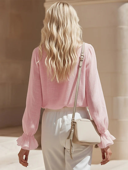 Chemisier en mélange de lin à col en V et volants pour femme - Chemise élégante à manches longues et poignets évasés