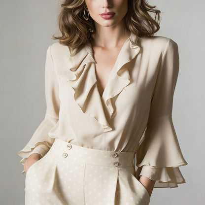 Chic Cascading Ruffle Collar Blouse for Women - Retro Flare Cuff Silk-Like Top