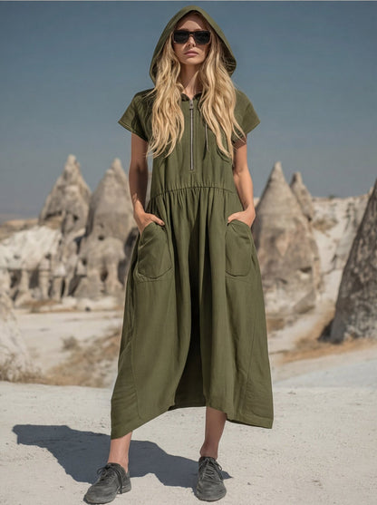 Women's Hooded Maxi Dress - Casual Short Sleeve Zipper Loose Long Dress