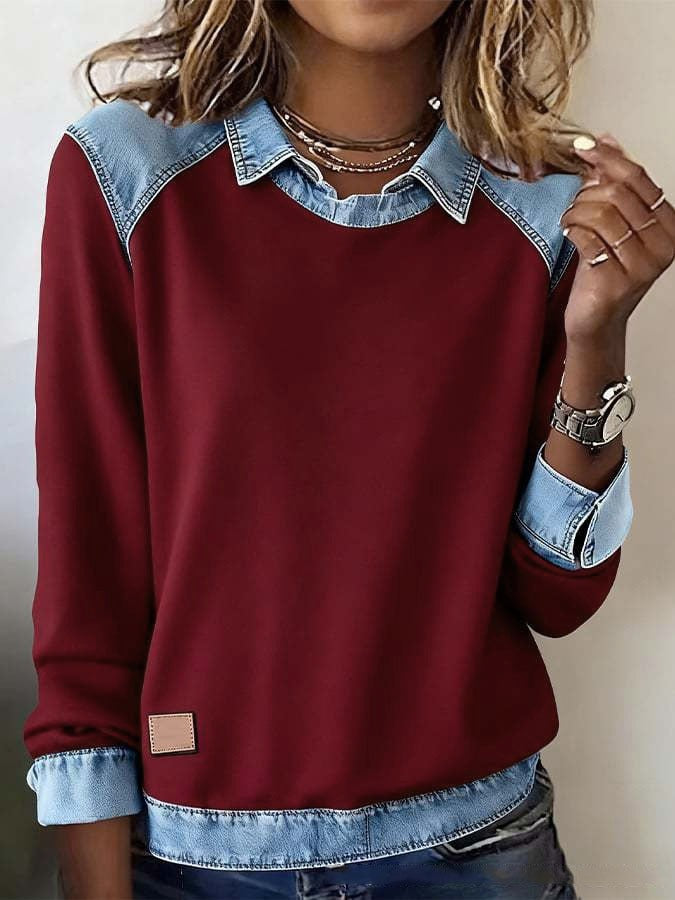 Women's Denim Patchwork Sweatshirt | Casual Polo Collar Long Sleeve Fake Two-Piece Jumper