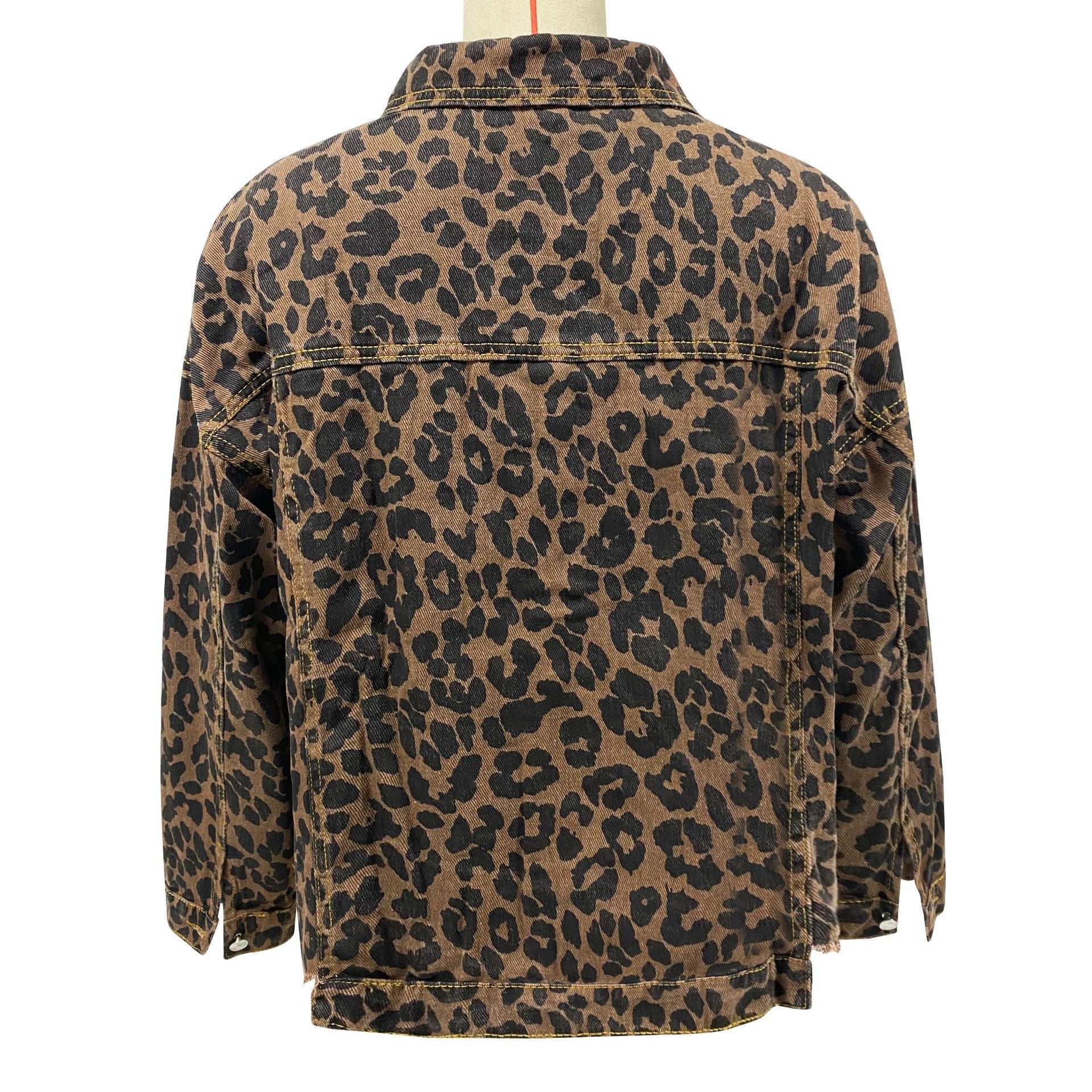Women's Leopard Print Denim Jacket | Casual Long Sleeve Loose Crop Jean Coat