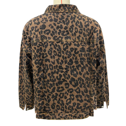 Women's Leopard Print Denim Jacket | Casual Long Sleeve Loose Crop Jean Coat