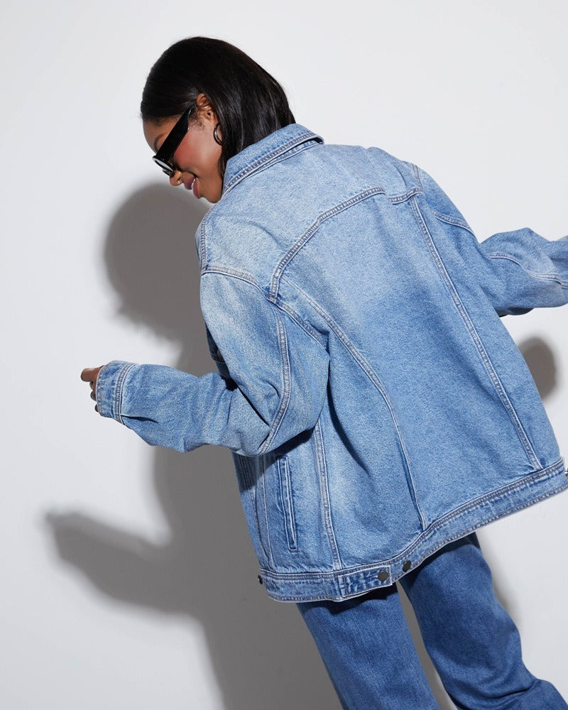 Vintage Oversized Denim Jacket for Women - Streetwear Button Down Jacket with Pockets
