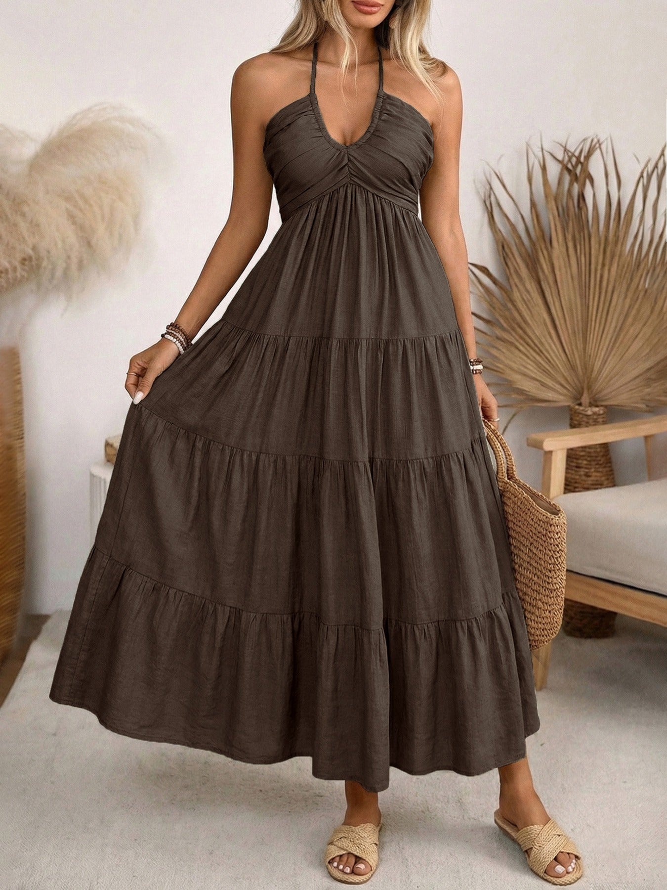 Bohemian Halter Neck Backless Maxi Dress - Ruched V-Neck Tiered Summer Beach Resort Long Sun Dress