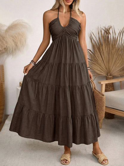 Bohemian Halter Neck Backless Maxi Dress - Ruched V-Neck Tiered Summer Beach Resort Long Sun Dress