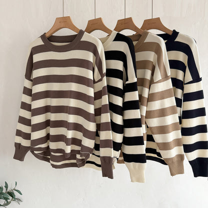 Old Money Striped Knit 2-Piece Set | Casual Loose Crew Neck Sweater & High Waist Long Maxi Skirt Suit
