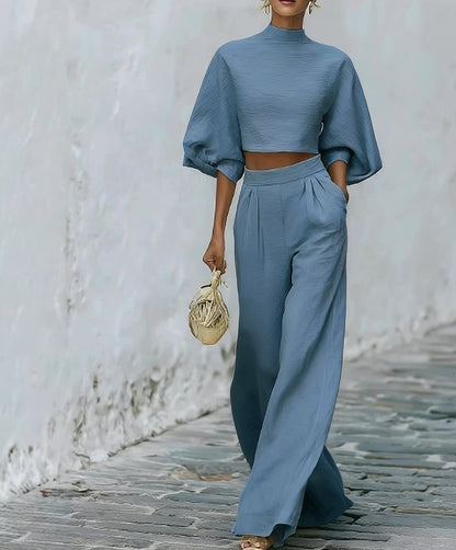 Elegant Two-Piece Matching Set - Mock Neck Crop Top & High-Waist Wide Leg Pants Set