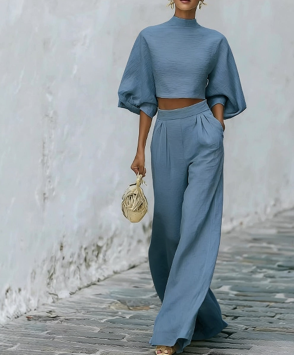 Elegant Two-Piece Matching Set - Mock Neck Crop Top & High-Waist Wide Leg Pants Set
