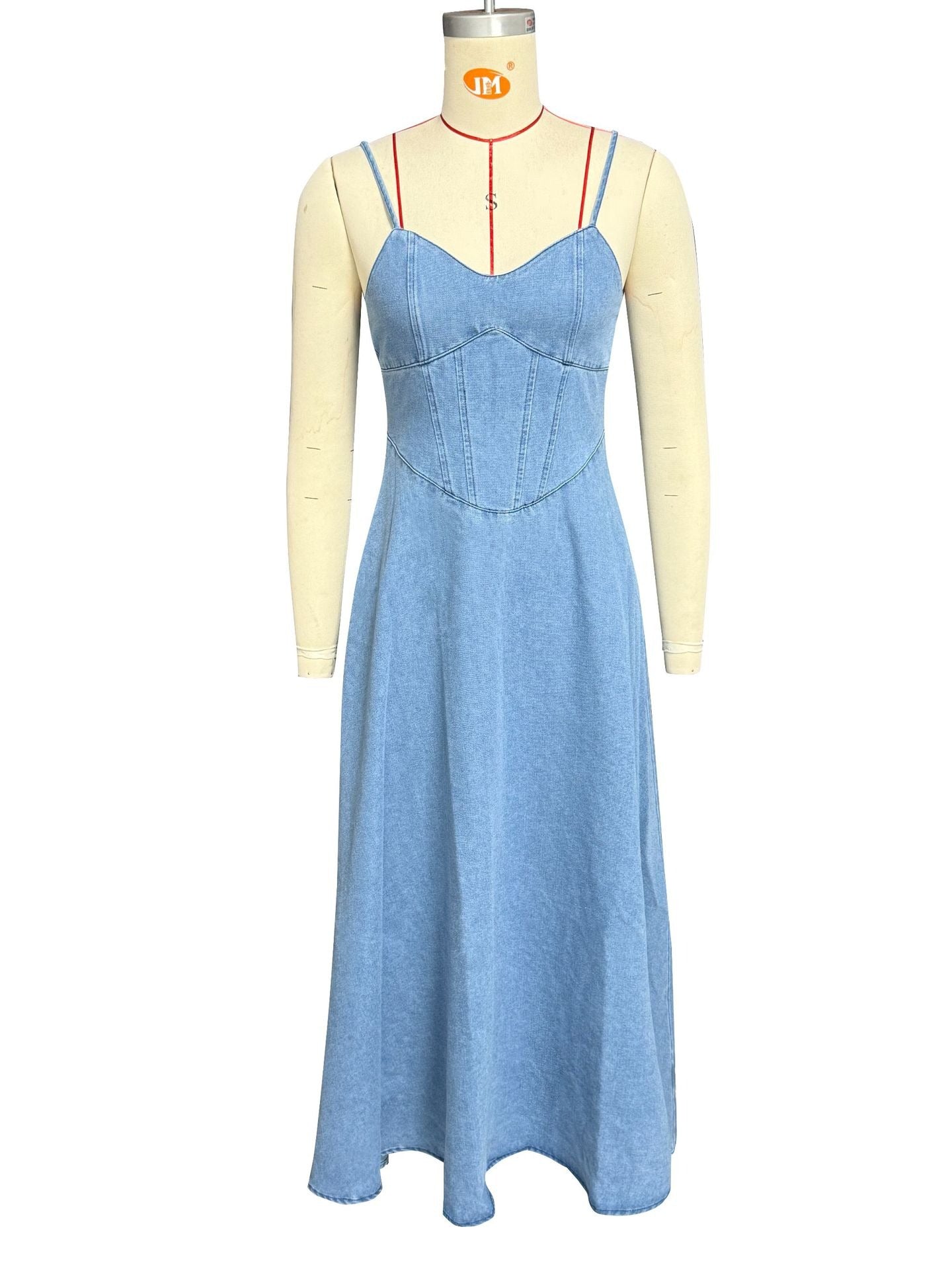 Vintage Washed Denim Camisole Dress for Women - Elegant Slender Fit A-Line Long Gown