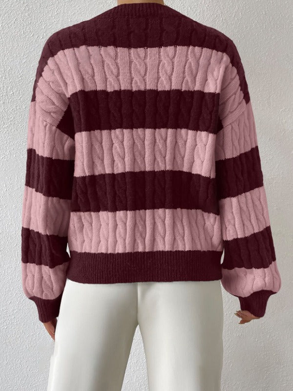 Women's Striped Cable Knit V-Neck Sweater | Casual Loose Fit Color Block Pullover Top