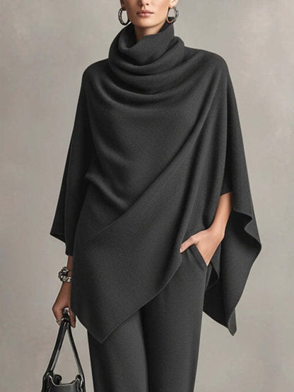 Elegant Cowl Neck Poncho & Wide-Leg Pants 2-Piece Knit Set