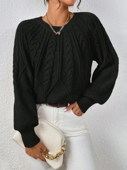 Women's Cable Knit Pullover Sweater | Casual Round Neck Long Sleeve Ribbed Jumper Top