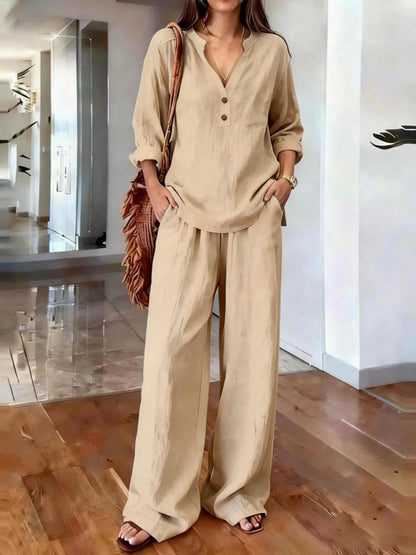 Ensembles deux pièces en mélange de lin pour femme – Haut tunique à manches longues avec col Henley en V et pantalon large, Ensemble coordonné décontracté pour les vacances d'été