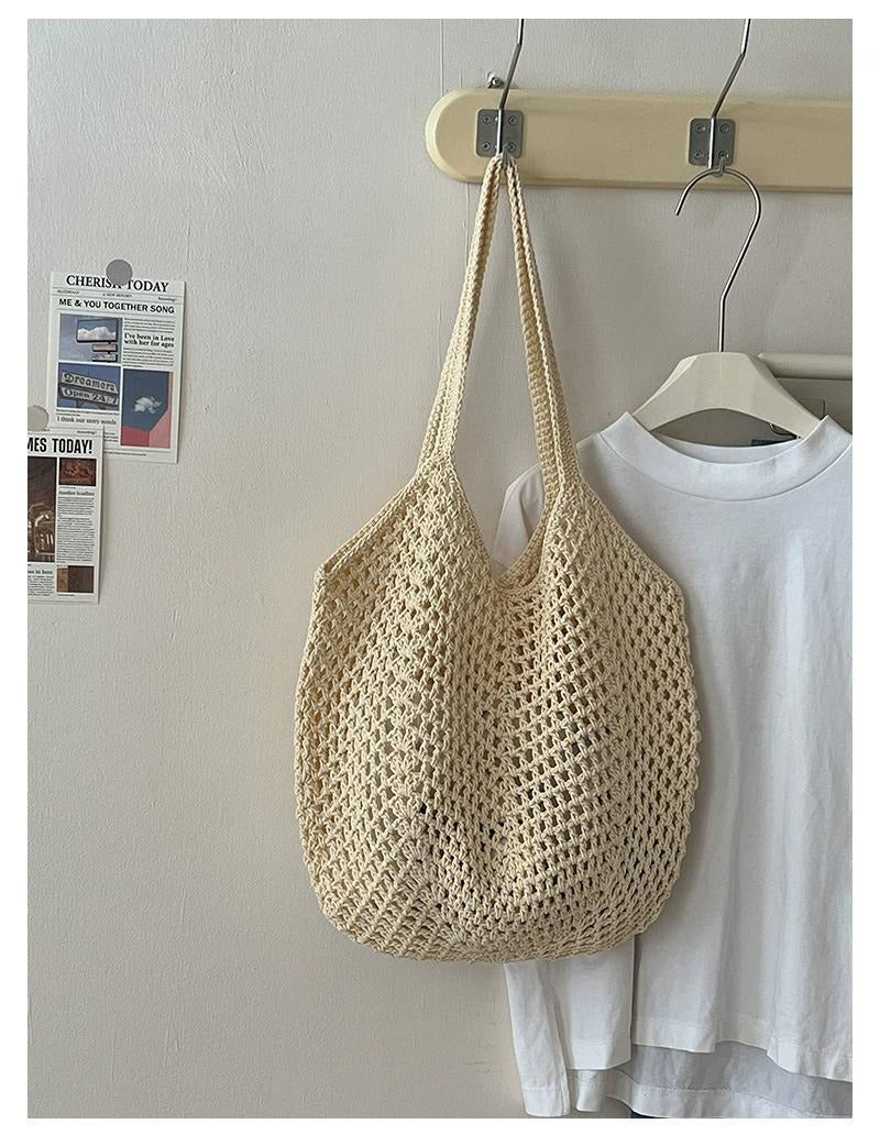 Bohemian Mesh Crochet Tote Bag - Slouchy Handwoven Cotton Knit Shoulder Purse & Beach Net Bag