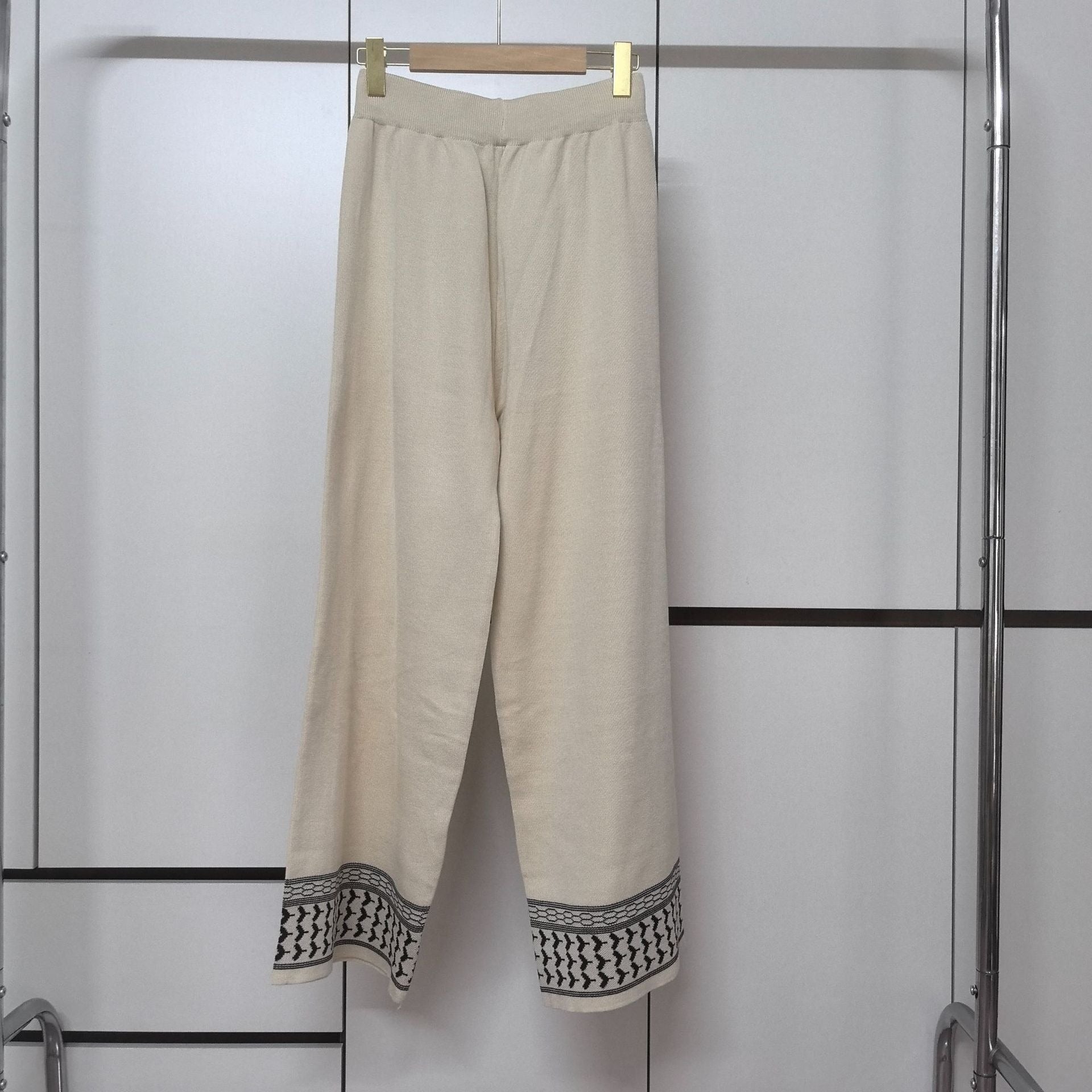 Chic 3-Piece Jacquard Knit Lounge Set - Open Front Shawl Cardigan, Crewneck Top & Wide Leg Pants