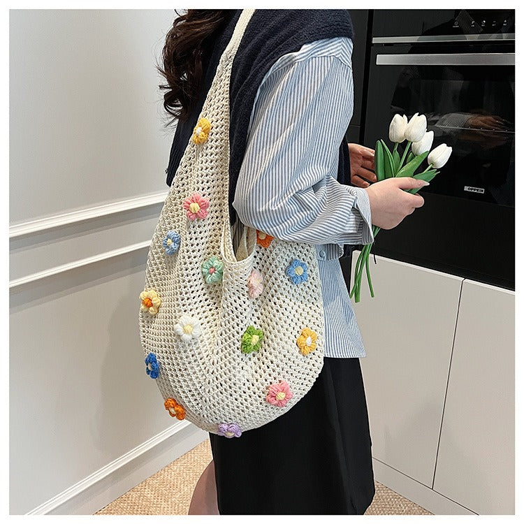 Bohemian Slouchy Crochet Tote Bag - Handmade Straw Knit Shoulder Purse with 3D Flower Patches