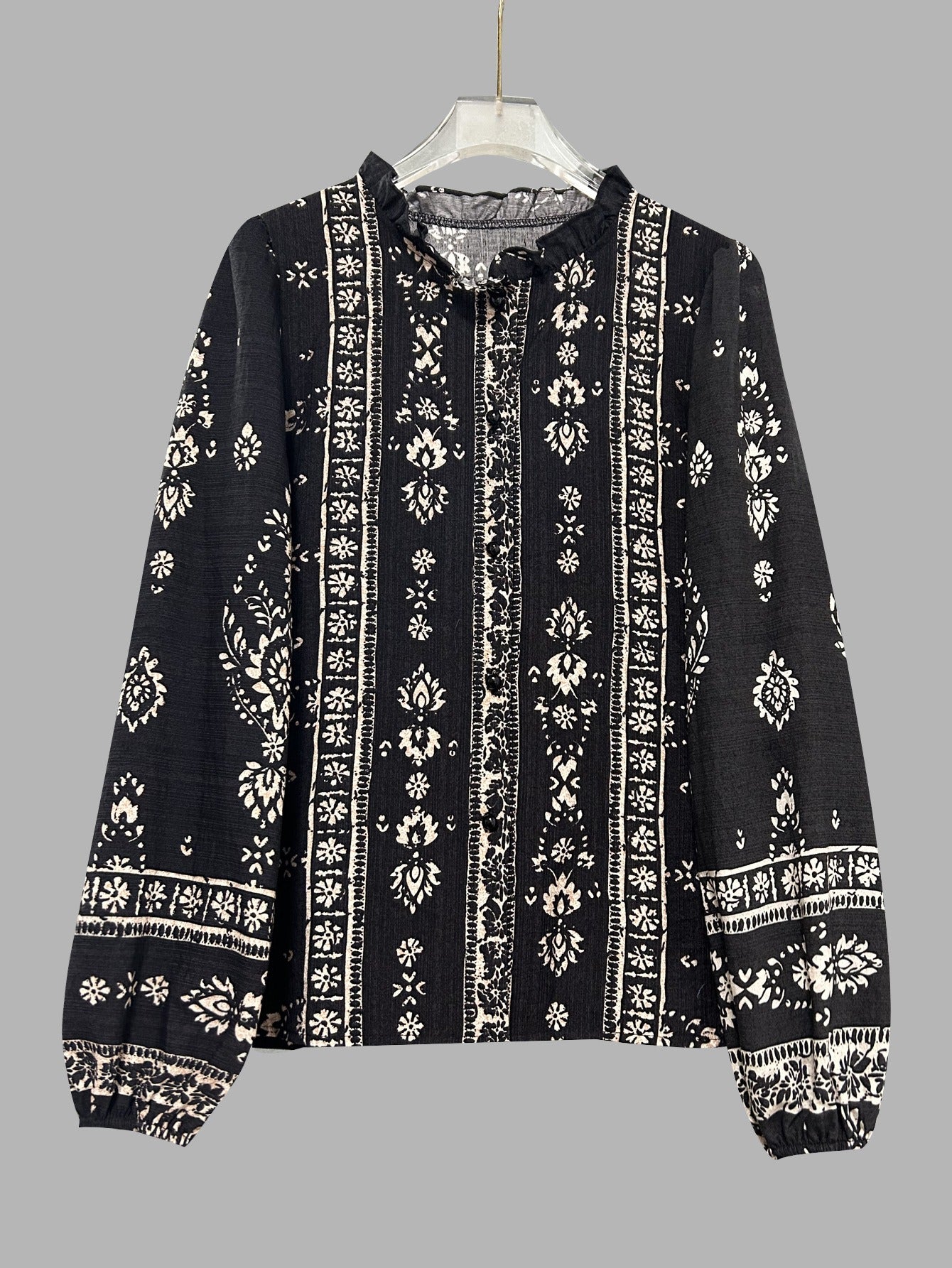Vintage Bohemian Floral Print Blouse - Long Sleeve Ruffle Collar Button-Down Shirt for Women