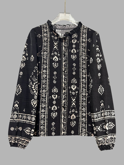 Vintage Bohemian Floral Print Blouse - Long Sleeve Ruffle Collar Button-Down Shirt for Women