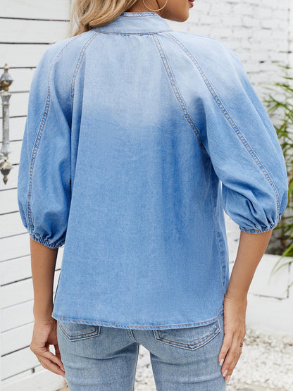 Designer Puff Half Sleeve Denim Shirt - Retro Mock Neck Tie-Front Blouse for Women