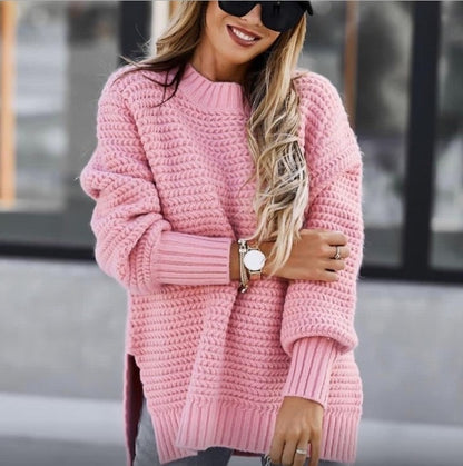 Chunky Knit Mock Neck Sweater - Loose Fit Side Slit Long Sleeve Pullover Sweater Plus Size