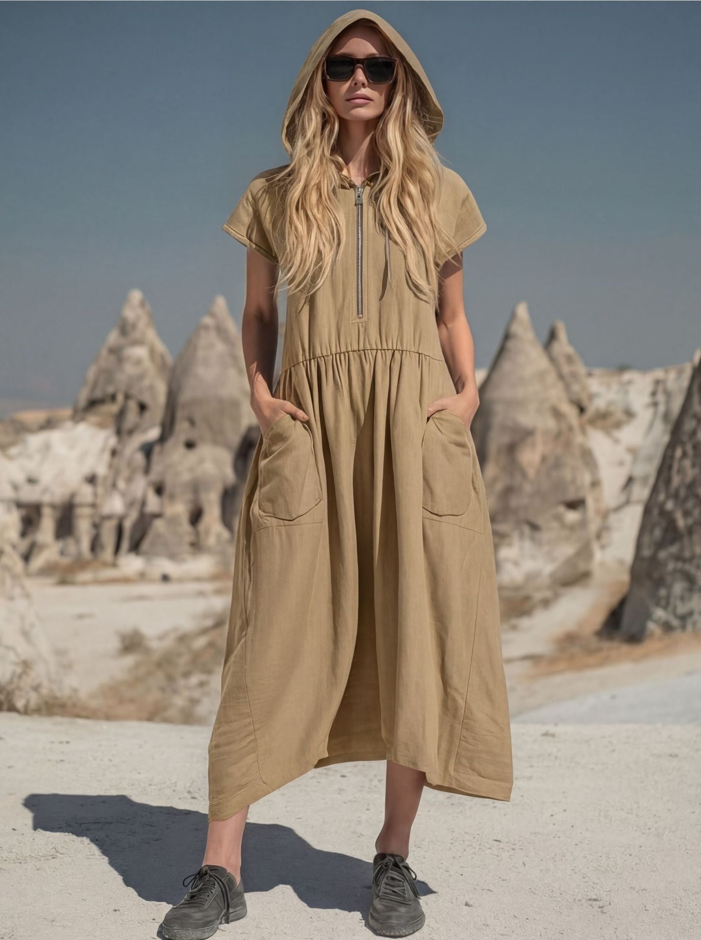 Women's Hooded Maxi Dress - Casual Short Sleeve Zipper Loose Long Dress