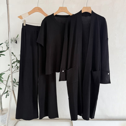 Elegant 3-Piece Ribbed Knit Set - Open Front Long Duster Cardigan, Crewneck Tee & Wide Leg Pants Lounge Set