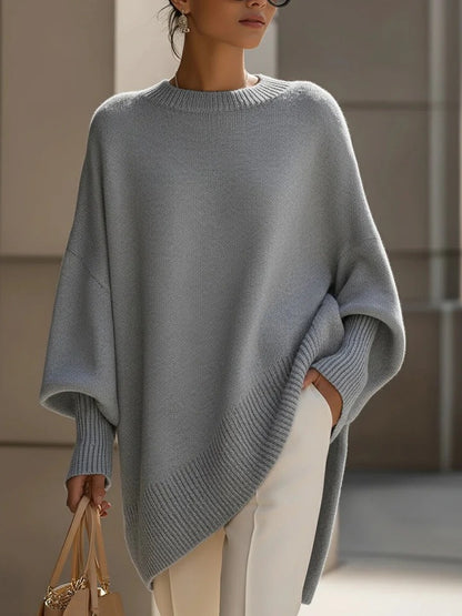 Premium Faux Cashmere Poncho Sweater - Slouchy Batwing Sleeve Crewneck Loose Pullover Plus Size