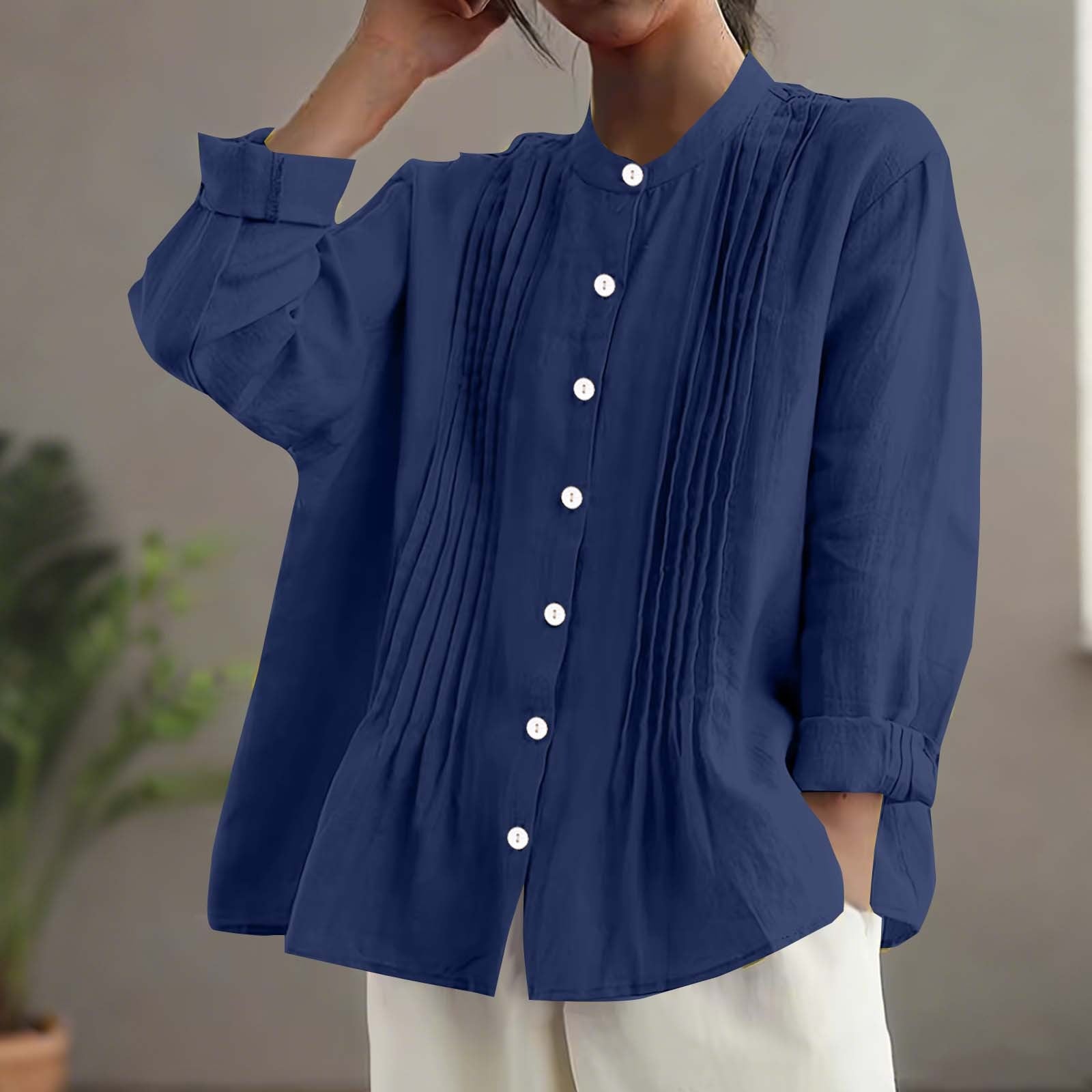 Women's Casual Cotton And Linen Pleated Shirt