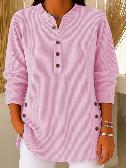 Chic Corduroy-Texture Knitted Blouse for Women - Loose Fit Side Button Tunic Jumper