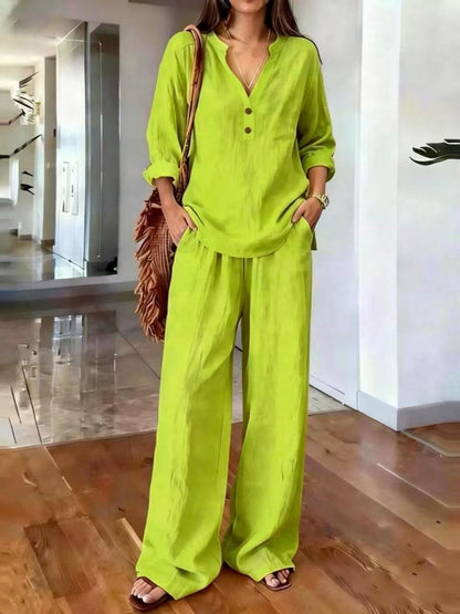 Ensembles deux pièces en mélange de lin pour femme – Haut tunique à manches longues avec col Henley en V et pantalon large, Ensemble coordonné décontracté pour les vacances d'été