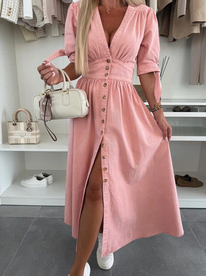 Women's Plunging V-Neck Denim Midi Dress | Casual Puff Sleeve Button Down Long Gown