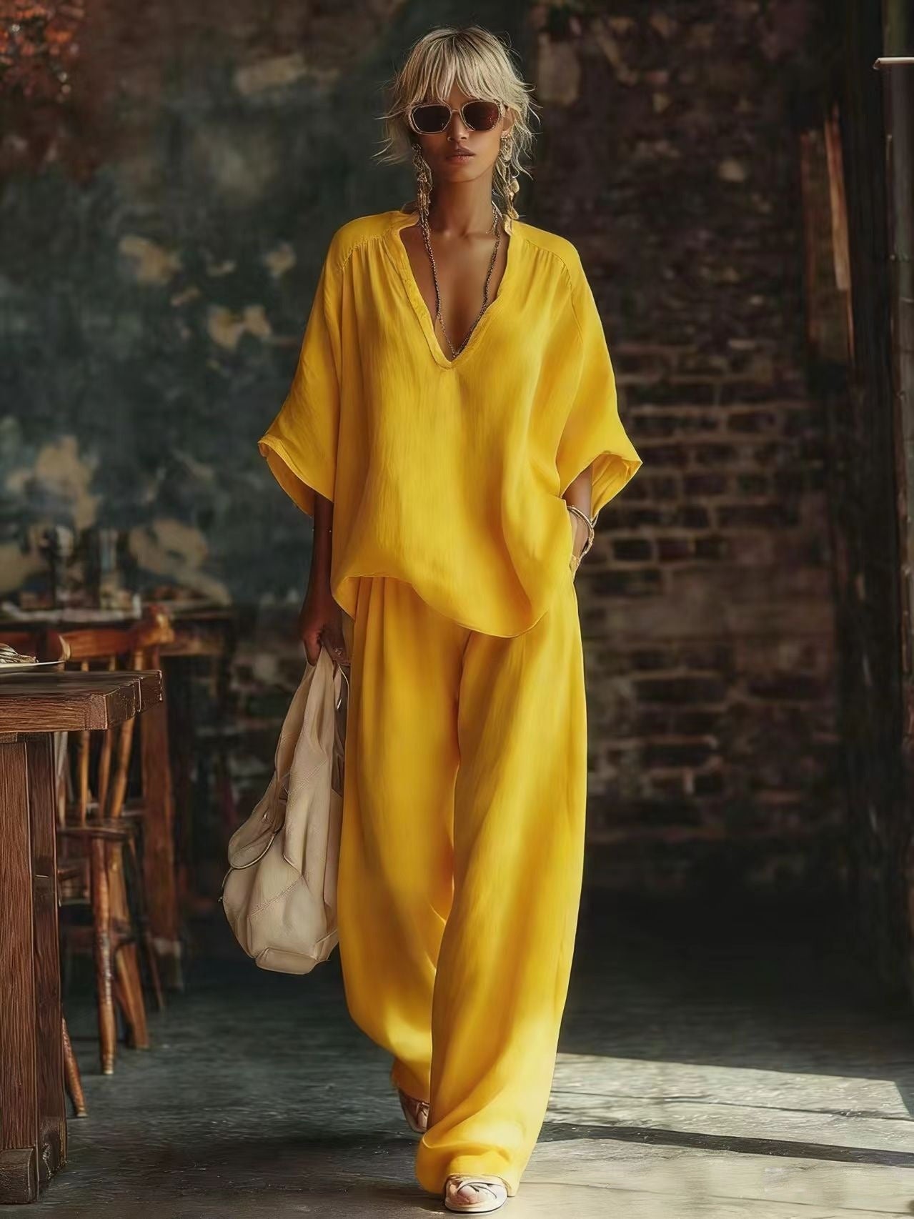 Ensemble d'été Bohème Chic pour Femme – Top ample à manches chauve-souris et Pantalon Palazzo Fluide, Tenue deux pièces de style station balnéaire, aux couleurs vives