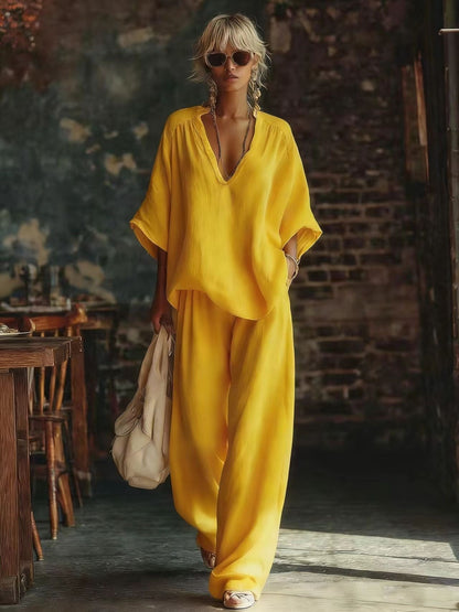 Ensemble d'été Bohème Chic pour Femme – Top ample à manches chauve-souris et Pantalon Palazzo Fluide, Tenue deux pièces de style station balnéaire, aux couleurs vives