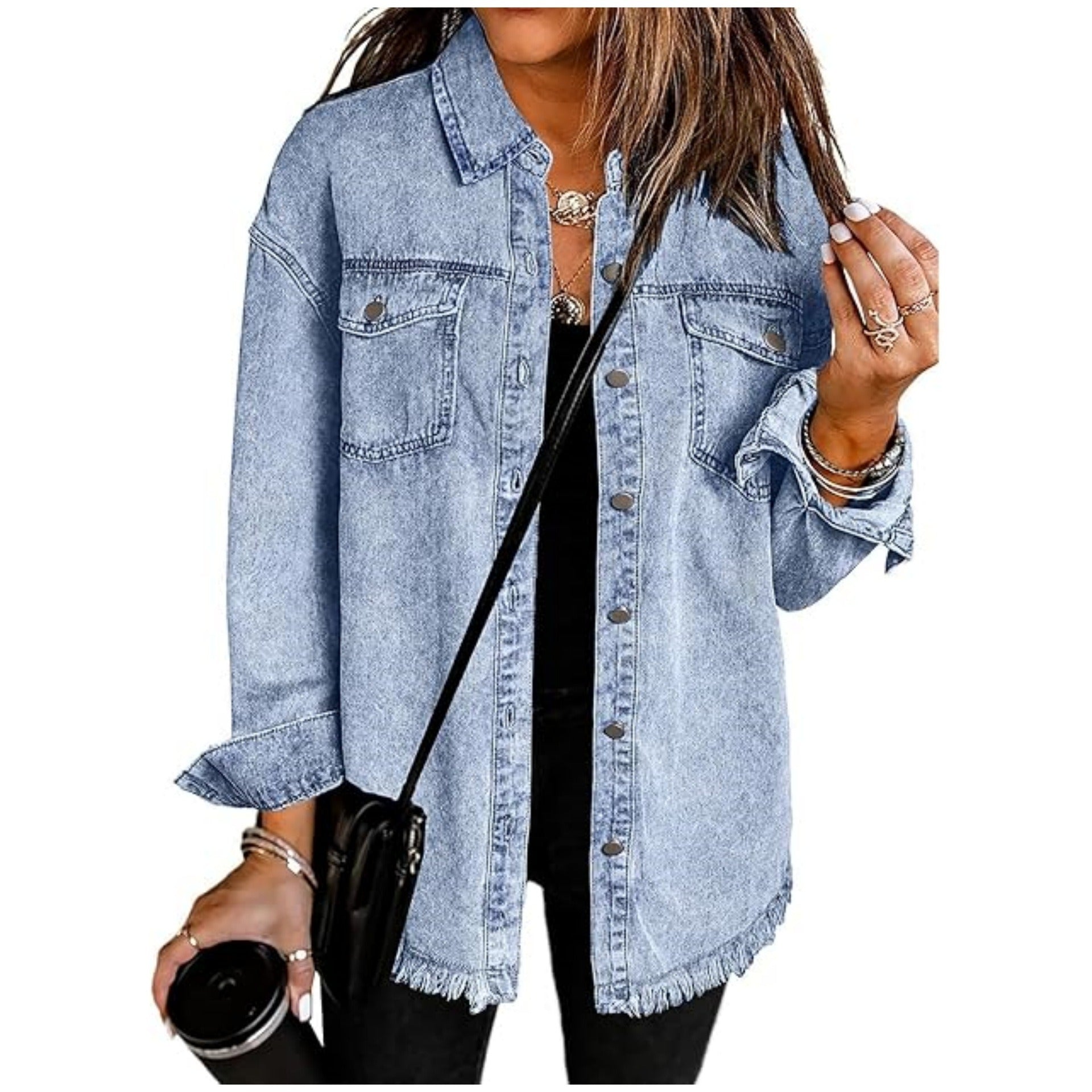 Women's Loose Casual Denim Shirt Jacket with Frayed Hem | Retro Washed Button Up Cotton Jean jacket