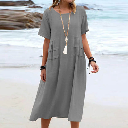 Boho Chic Blue Summer Dress for Women – Elegant Round Neck Tiered Tunic Dress, Breezy Minimalist Resort Wear Midi Gown
