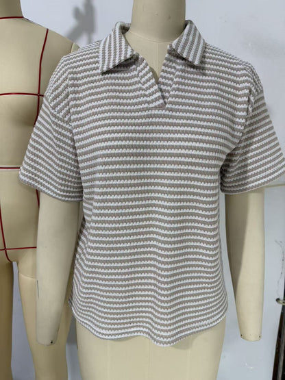 Striped Knit Polo Neck Short Sleeve Top | Casual Loose Fit V-Neck Pullover Breathable Sweater Blouse