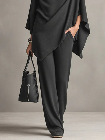 Elegant Cowl Neck Poncho & Wide-Leg Pants 2-Piece Knit Set