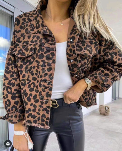 Women's Leopard Print Denim Jacket | Casual Long Sleeve Loose Crop Jean Coat