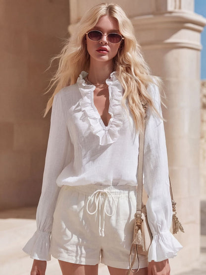 Chemisier en mélange de lin à col en V et volants pour femme - Chemise élégante à manches longues et poignets évasés