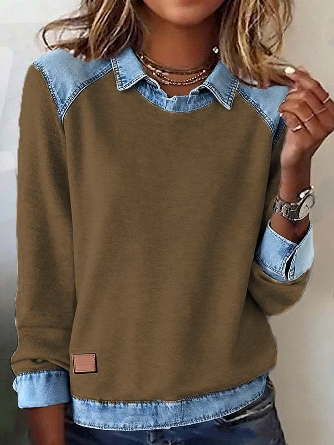 Women's Denim Patchwork Sweatshirt | Casual Polo Collar Long Sleeve Fake Two-Piece Jumper