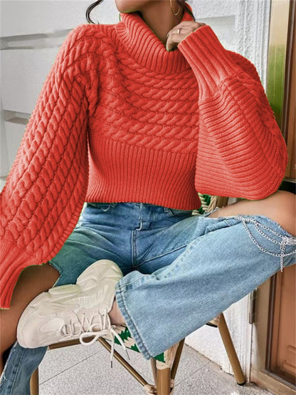 Chic Cable Knit Turtle Neck Sweater - Slouchy Lantern Sleeve Solid Pullover Knitwear