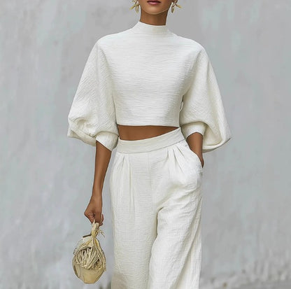 Elegant Two-Piece Matching Set - Mock Neck Crop Top & High-Waist Wide Leg Pants Set