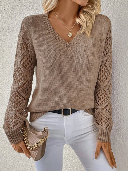 Women's Hollow Out Lace Sleeve Sweater | Casual V-Neck Solid Color Long Sleeve Pullover Top