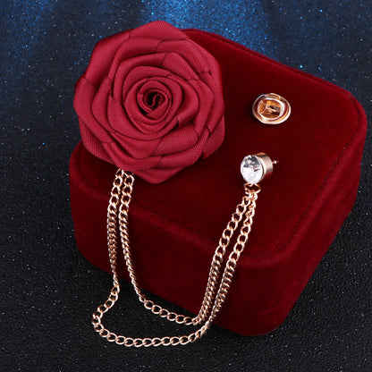 Men's rose double chain tassel lapel pin, rose brooch for groom and best man